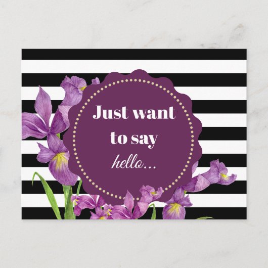 Waterverf Paarse Iris Floral Black White Stripes Briefkaart (Voorkant)