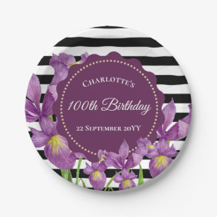 Waterverf Paarse Iris Floral Black White Stripes Papieren Bordje