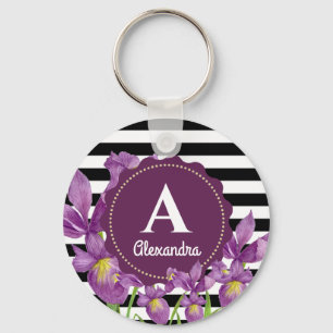 Waterverf Paarse Iris Floral Black White Stripes Sleutelhanger