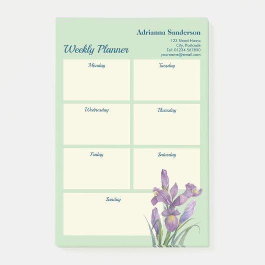 Waterverf Paarse Iris Light Green Weekly Planner Post-it® Notes (Voorkant)