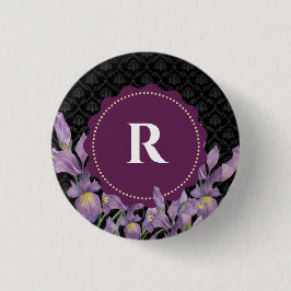 Waterverf Paarse iris zwart damast monogram Ronde Button 3,2 Cm
