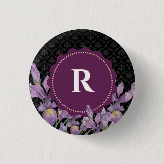 Waterverf Paarse iris zwart damast monogram Ronde Button 3,2 Cm (Voorkant)