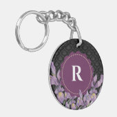 Waterverf Paarse iris zwart damast monogram Sleutelhanger (Voorkant Links)