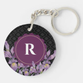 Waterverf Paarse iris zwart damast monogram Sleutelhanger (Achterkant)