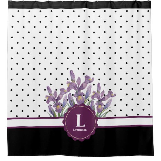 Waterverf Paarse Iris Zwart Wit Polka Dots Show Douchegordijn (Voorkant)