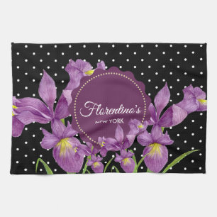 Waterverf Paarse Iris Zwart Wit Stippenpatroon Theedoek