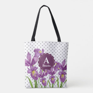 Waterverf Paarse Iris Zwart Wit Stippenpatroon Tote Bag