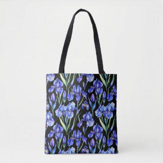 Waterverf Paarse Iris Zwarte Tote Bag
