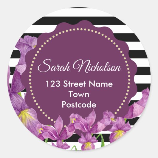 Waterverf Paarse Irissen Bloemen Zwart Wit Streep Ronde Sticker (Voorkant)