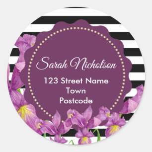Waterverf Paarse Irissen Bloemen Zwart Wit Streep Ronde Sticker