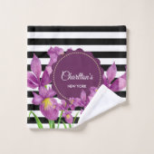 Waterverf Paarse Irissen Zwart Witte Strepen Bad Handdoek (Wasdoekje)