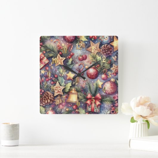Waterverf Paarse Kerstmis Motieven Vakantie Vierkante Klok (Huis)