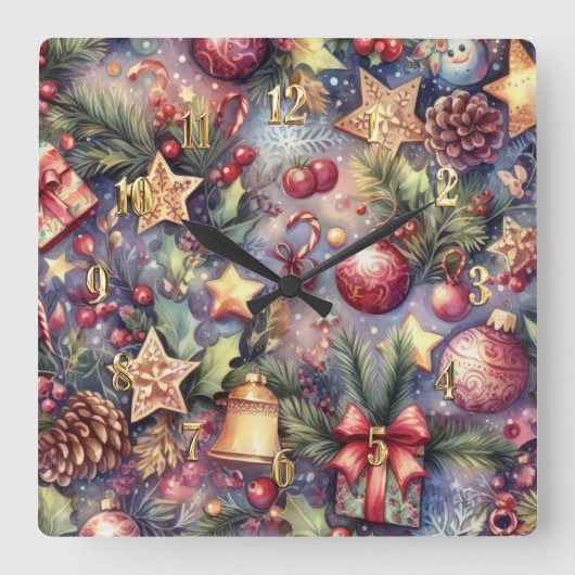Waterverf Paarse Kerstmis Motieven Vakantie Vierkante Klok (Voorkant)