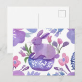 Waterverf Paarse konijn met lentebloemen Feestdagenkaart (Voorkant / Achterkant)