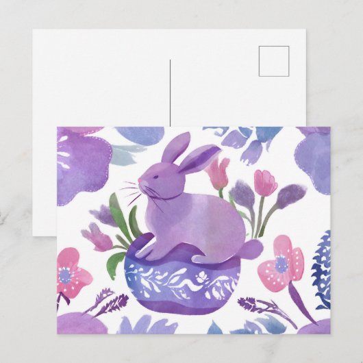 Waterverf Paarse konijn met lentebloemen Feestdagenkaart (Voorkant / Achterkant)