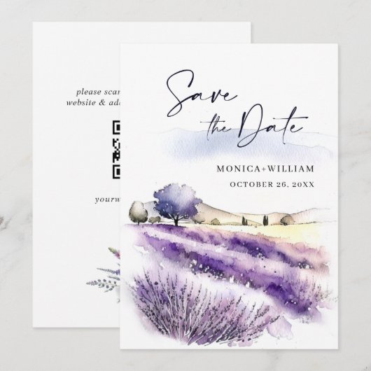 Waterverf Paarse Lavendel Bloemen Veld Bruiloft Save The Date (Voorkant / Achterkant)
