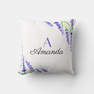 Waterverf Paarse Lavendel Bloemige Naam Monogram Kussen