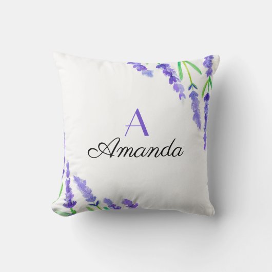 Waterverf Paarse Lavendel Bloemige Naam Monogram Kussen (Voorkant)