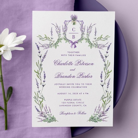 Waterverf Paarse Lavendel Crest Wedding Kaart