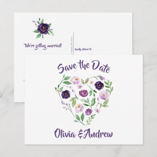 Waterverf Paarse & Lavendel Rozen Bewaar de datum Aankondigingskaart (Voorkant / Achterkant)