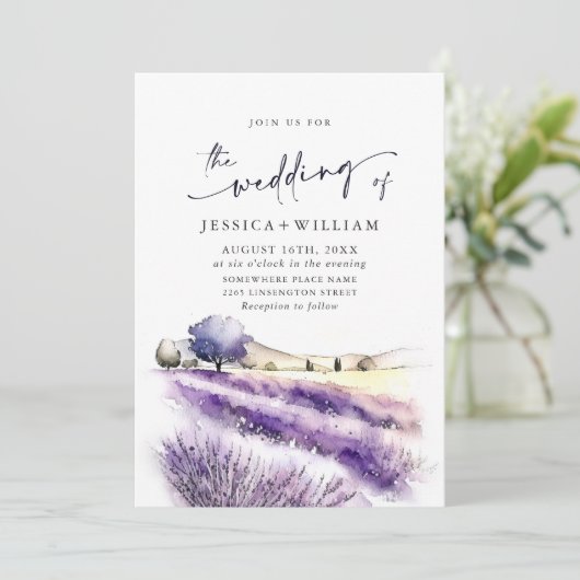 Waterverf Paarse lavender Field Wedding QR-code Kaart (Staand voorkant)