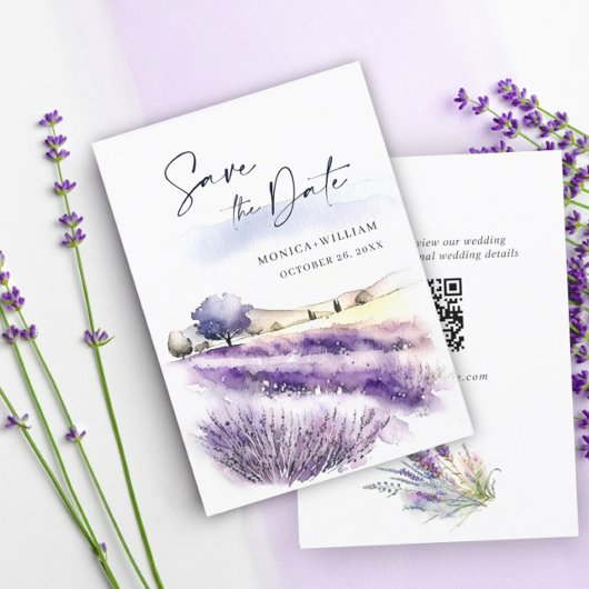 Waterverf Paarse lavender Flowers Field Wedding Save The Date