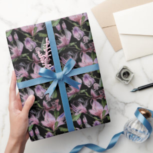 Waterverf paarse lila bloemen zwart cadeaupapier
