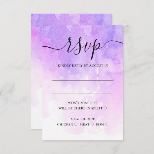 Waterverf paarse lila script kalligrafie bruiloft RSVP kaartje (Voorkant / Achterkant)