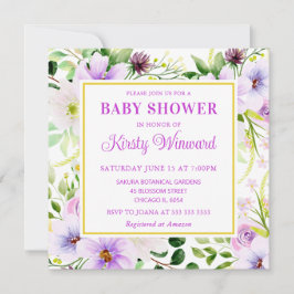 Waterverf Paarse Magische Bloemen Babyfeest Kaart