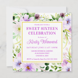 Waterverf Paarse Magische Bloemen Sweet Sixteen Kaart