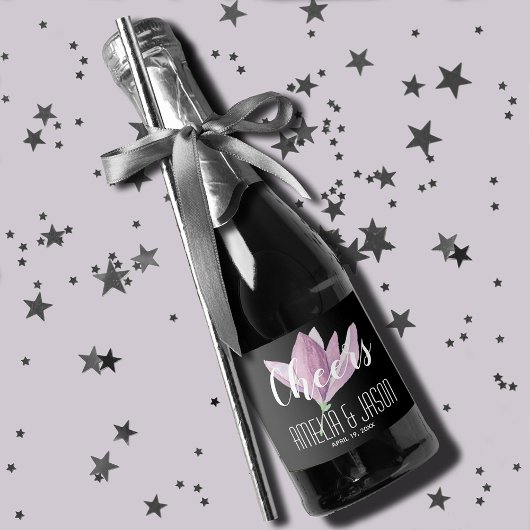 Waterverf Paarse Magnolias Wedding Mini Sparkling Wijnetiket