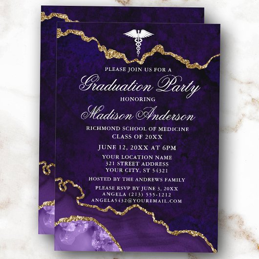 Waterverf Paarse Marble Medical Graduation Party Kaart