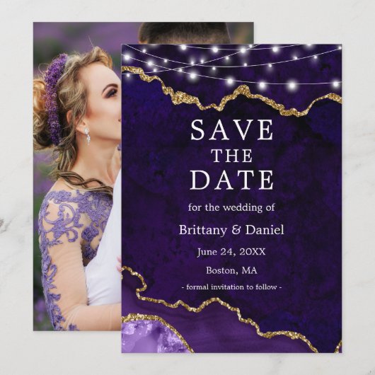 Waterverf Paarse marmer Agate Geode Lichten Foto Save The Date (Voorkant / Achterkant)