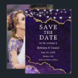 Waterverf Paarse marmer Agate Geode Lichten Foto Save The Date<br><div class="desc">Moderne Elegant Waterverf Paars en Gold Marble Agate Geode sparen de Kaart van de Datum met de Lichten van het Koord - de Foto terug</div>