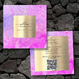 Waterverf Paarse Marmeren Faux Gold Glitter QR-cod Vierkante Visitekaartje