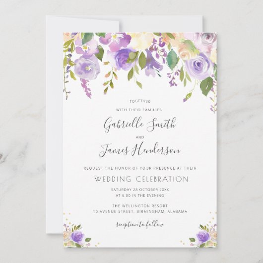 waterverf paarse, mauve en perzik bloemenbruiloft kaart (Voorkant)