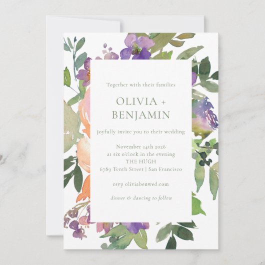 Waterverf Paarse Oranje Bloemenbruiloft Alles in e Kaart (Voorkant)