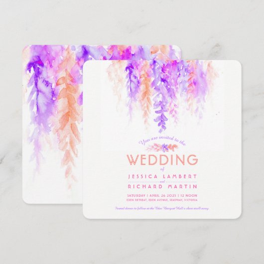 Waterverf paarse oranje botanische bruiloft uitnod kaart (Voorkant / Achterkant)