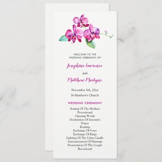 Waterverf Paarse Orchidee Bloemen Bruiloft Programmakaart (Voorkant / Achterkant)