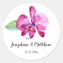 Waterverf Paarse Orchidee Bloemen Bruiloft Ronde Sticker