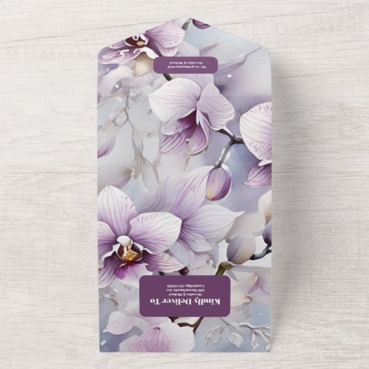 Waterverf Paarse Orchidee bruiloft All In One Uitnodiging (Buitenkant)