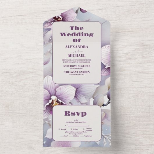 Waterverf Paarse Orchidee bruiloft All In One Uitnodiging (Binnen)