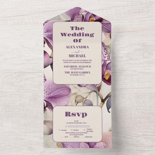 Waterverf Paarse Orchidee bruiloft All In One Uitnodiging (Binnen)