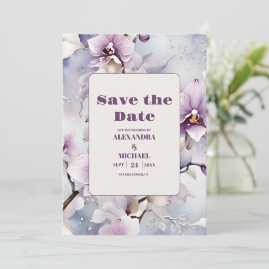 Waterverf Paarse Orchidee bruiloft Save The Date (Staand voorkant)