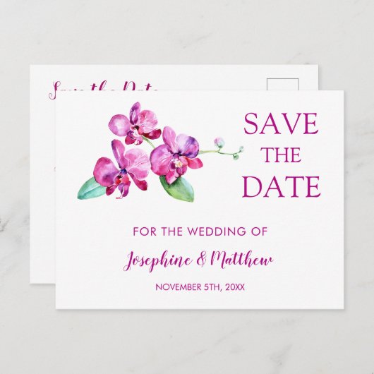 Waterverf Paarse Orchidee Bruiloft Save the Date Aankondigingskaart (Voorkant / Achterkant)