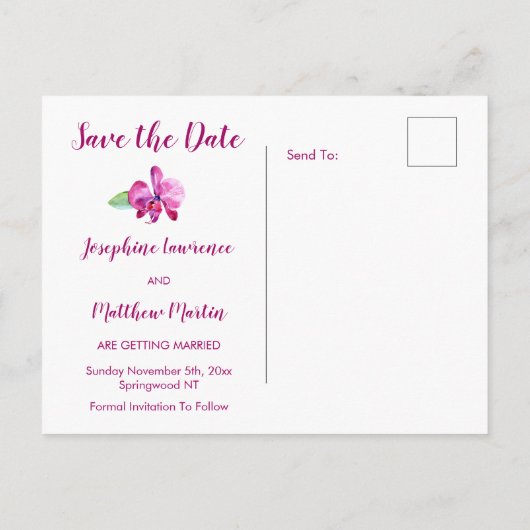 Waterverf Paarse Orchidee Bruiloft Save the Date Aankondigingskaart (Achterkant)