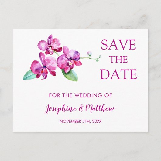 Waterverf Paarse Orchidee Bruiloft Save the Date Aankondigingskaart (Voorkant)