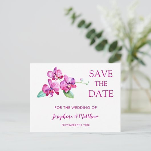 Waterverf Paarse Orchidee Bruiloft Save the Date Aankondigingskaart (Staand voorkant)