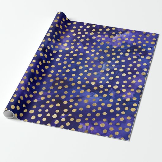 Waterverf Paarse Patroon met Gouden Polka Dots Cadeaupapier (Uitgerold)