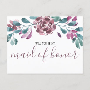 Waterverf Paarse Peony Maid of Honor Invitation Uitnodiging Briefkaart